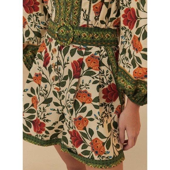 Farm‎ Rio Sand Garden Tapestry Romper XS Floral Green Puff Sleeve Cottage Whimsy - Picture 8 of 16